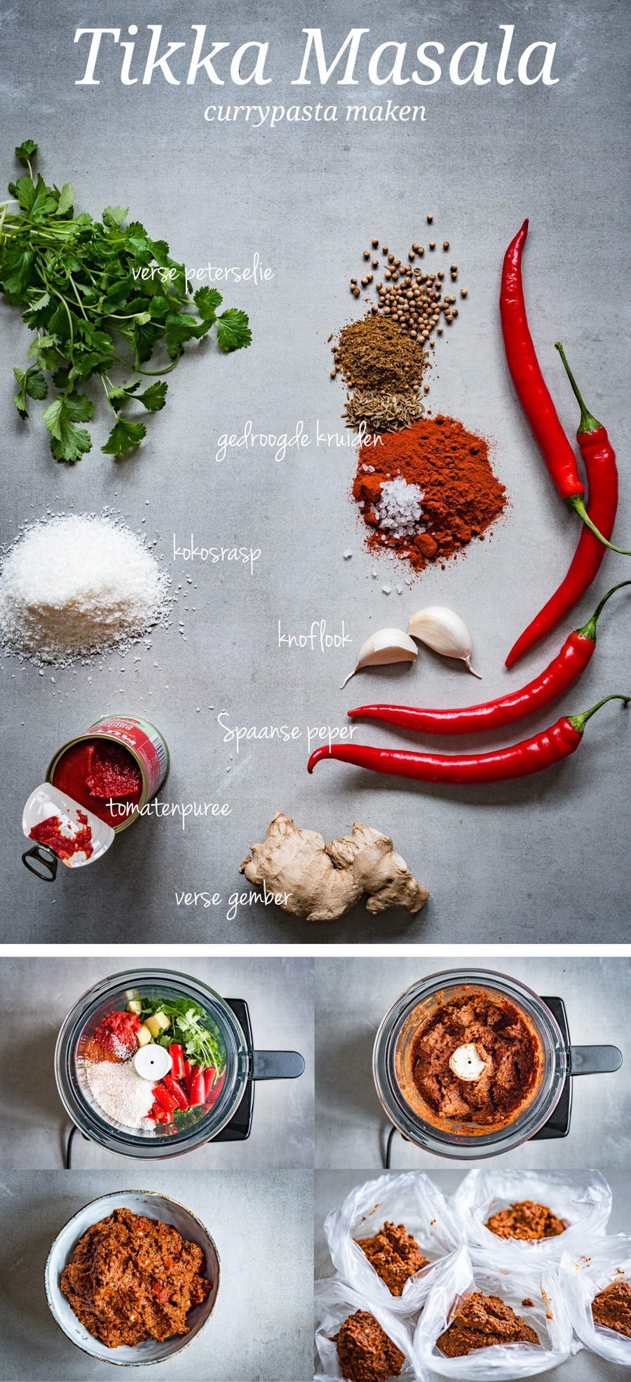 Afbeelding voor Pinterest van de ingrediënten voor de tikka masala currypasta.