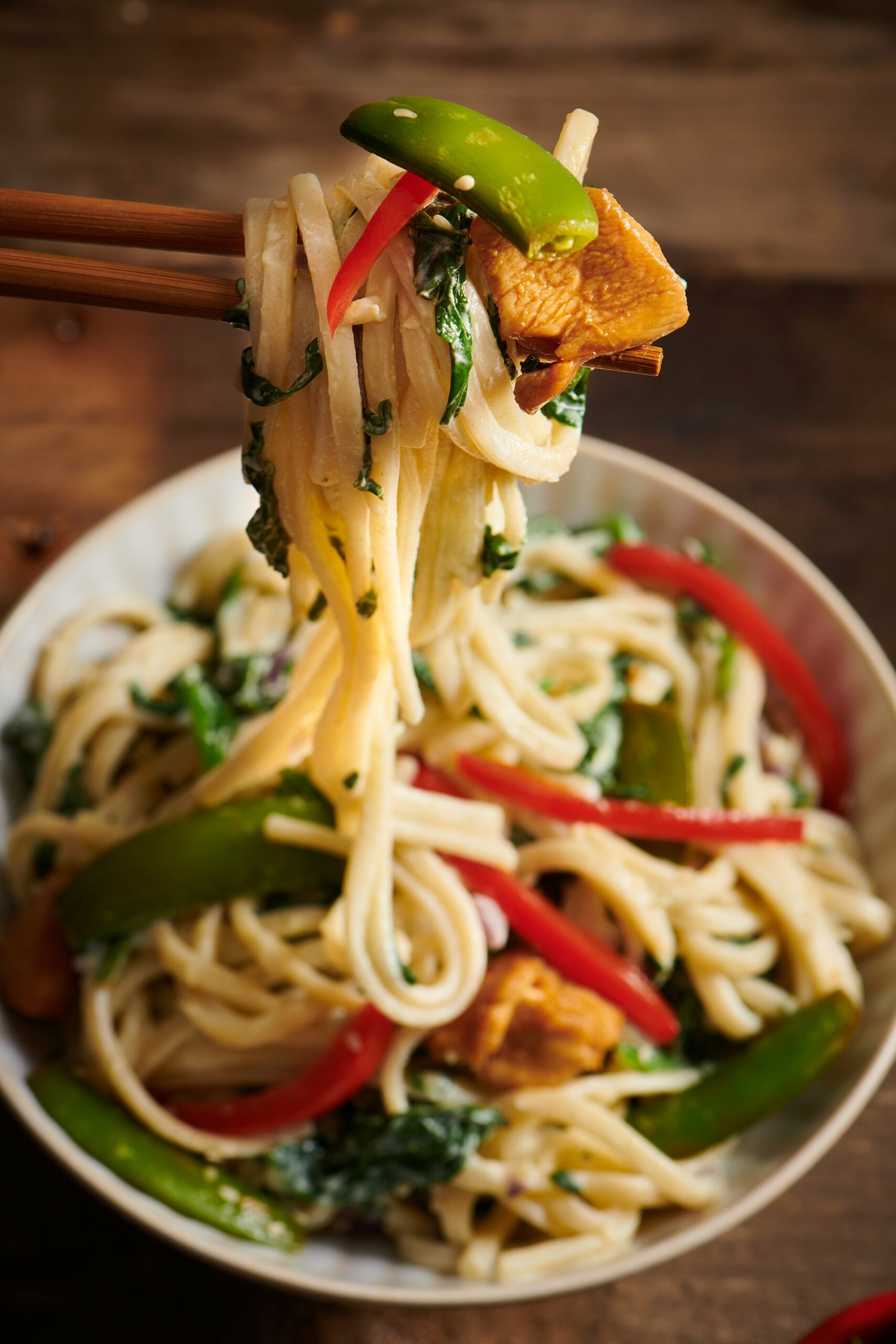 udon noodles met kip en romige knoflookspinazie